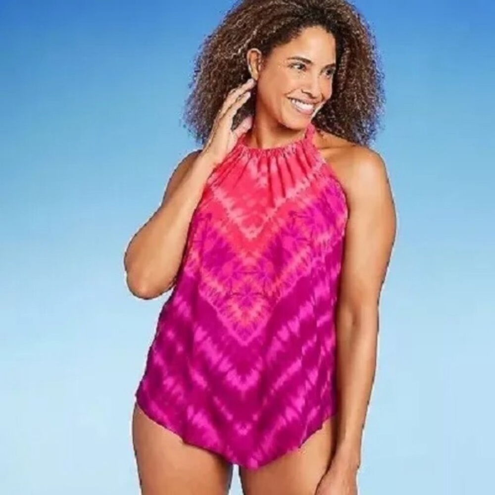 Women's UPF 50 High Neck Angled Tankini Top - Aqua Green Pink new